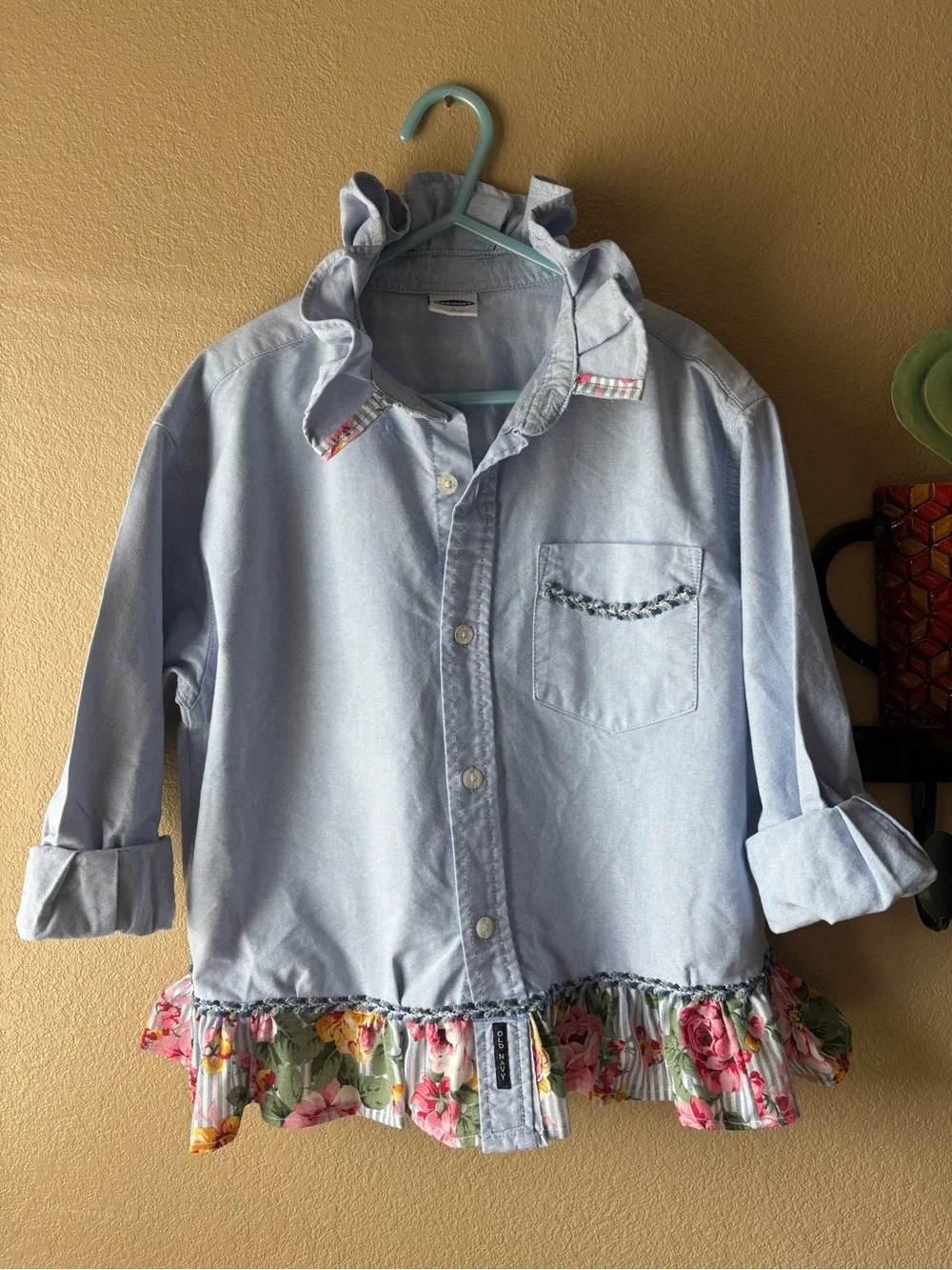 Old Navy Light Blue oxford with Floral Ruffle Hem detail